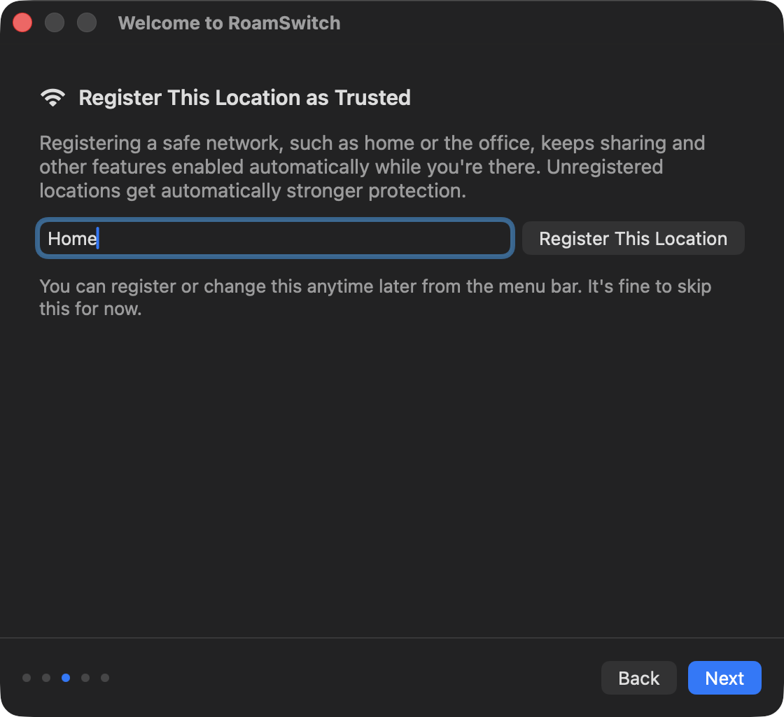 Pantalla para registrar la ubicación actual como de confianza, con «Casa» escrito