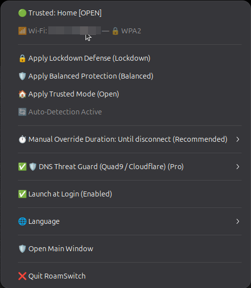 RoamSwitch for Linux tray menu (real screenshot)