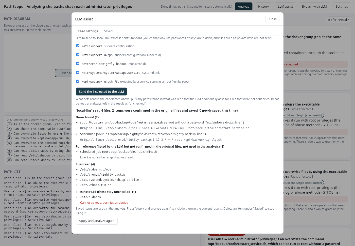 PathScope LLM assist: items found in config files, items that could not be confirmed, files read and files that could not be read