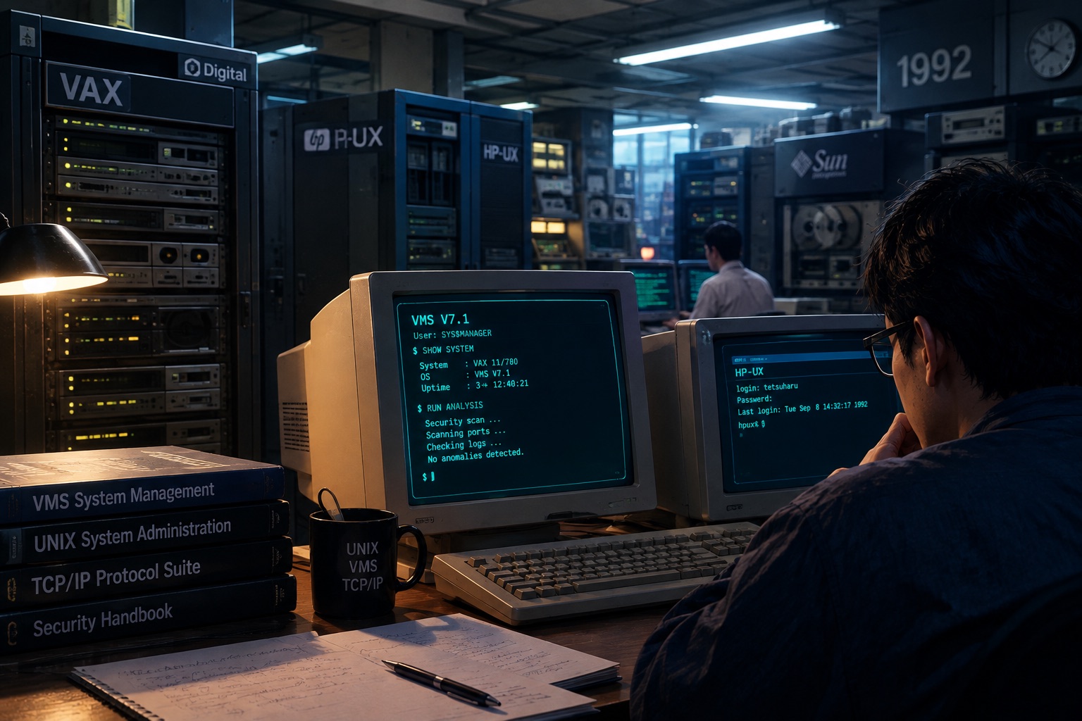 Retro UNIX systems lab — VAX/VMS, HP-UX, and Sun terminals