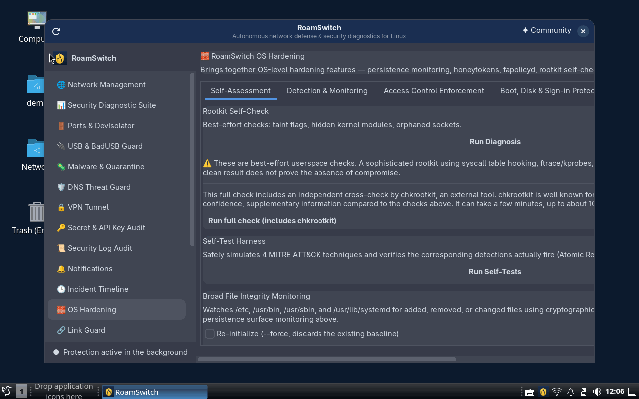 RoamSwitch OS Hardening tab: rootkit self-check, self-test harness and file integrity monitoring