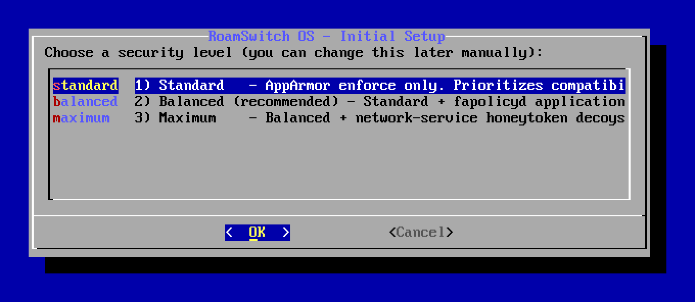 Initial setup: choosing a security level