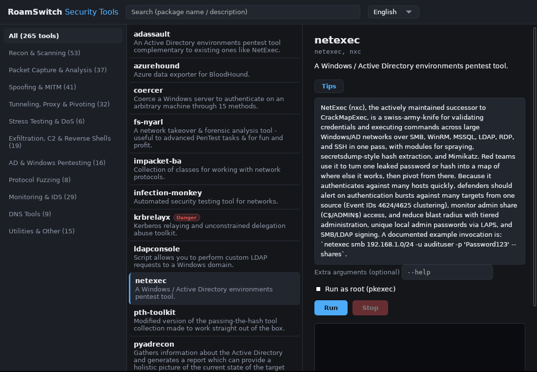 RoamSwitch Security Tools: a launcher for 265 tools, with an explanation for netexec