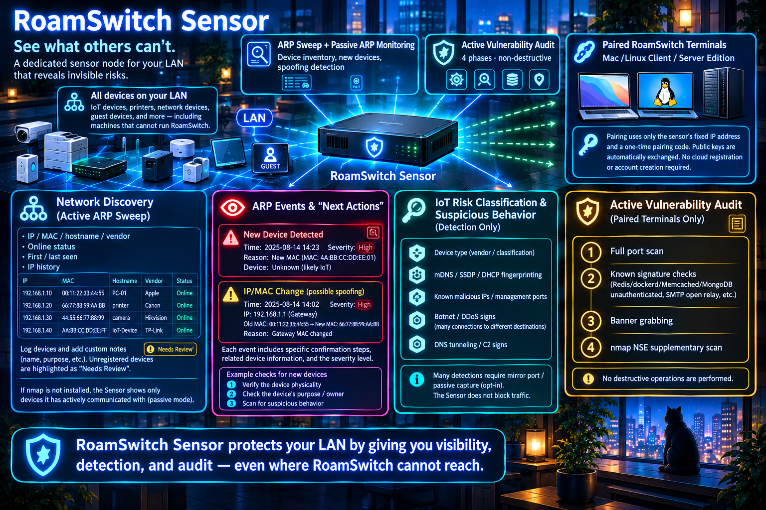 RoamSwitch Sensor: a dedicated LAN sensor node with ARP sweep and passive ARP monitoring, IoT risk classification, active vulnerability audit of paired RoamSwitch endpoints, and pairing-code (Ed25519, fixed IP) pairing